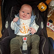 Tommy a rejoint le concours — aidez-le/la à gagner de superbes lots ! baby, car_seat, smile, clothing, toy, plush, lion, floor, indoor, child, person, seatbelt, foot, hand, cute, infant, happy, blue_eyes, jacket, pants