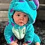 baby, child, onesie, costume, blue, purple, crawling, carpet, cute, indoor, soft, plush, face, hands, feet, hood, expression, person, toddler, infant