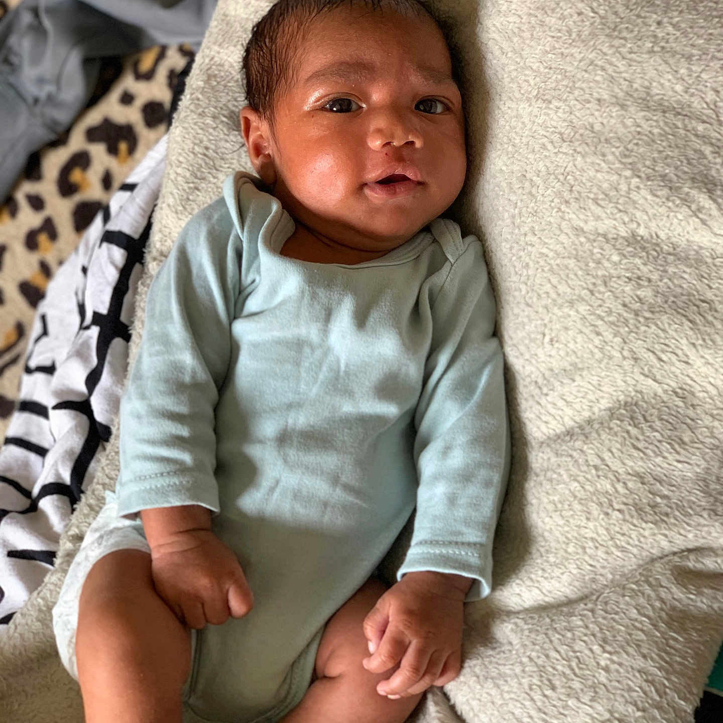 Eliézer participe au concours pour gagner de l'argent avec cette photo : baby, blanket, casual_clothing, child, cozy, curious_expression, face, hands, indoors, infant, legs, leopard_print, lying_down, newborn, onesie, patterned_cloth, portrait, relaxed, skin, soft_fabric