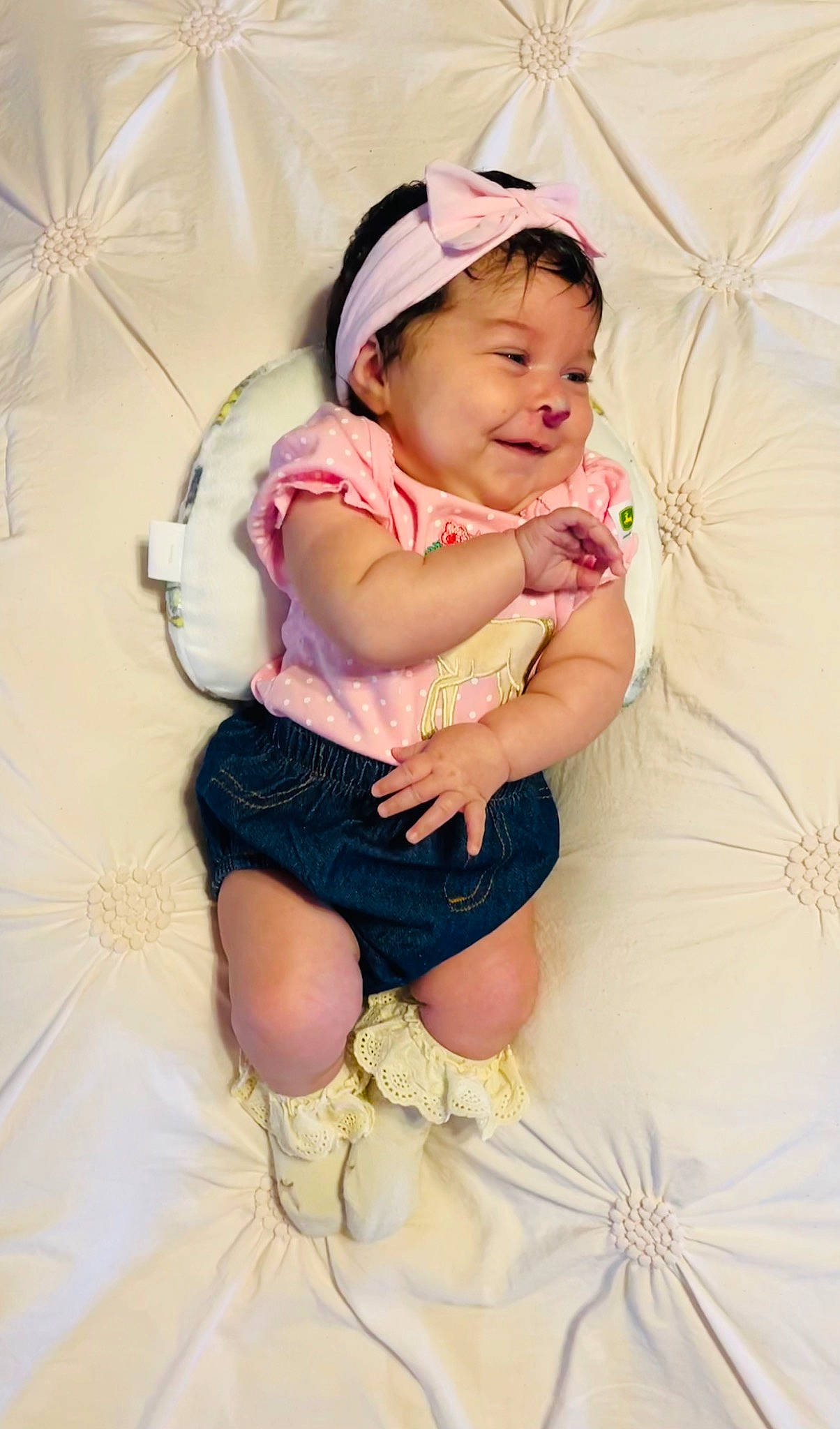 Hazel joined the competition — help win amazing prizes! abdomen, baby, baby_products, baby_toddler_clothing, child, comfort, fashion_accessory, foot, happy, headwear, human_leg, joy, leg, linens, person, pink, sitting, sleeve, smile, textile