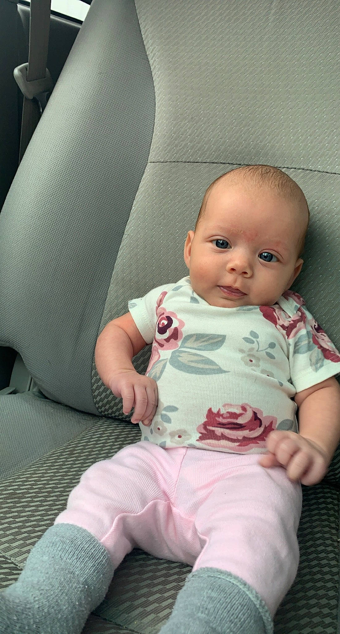 Audree is registered to the contest to win money with this photo: auto_part, automotive_design, baby, baby_toddler_clothing, car_seat, car_seat_cover, cheek, child, comfort, eye, family_car, head_restraint, linens, pattern, person, personal_luxury_car, product, sitting, sleeve, toddler