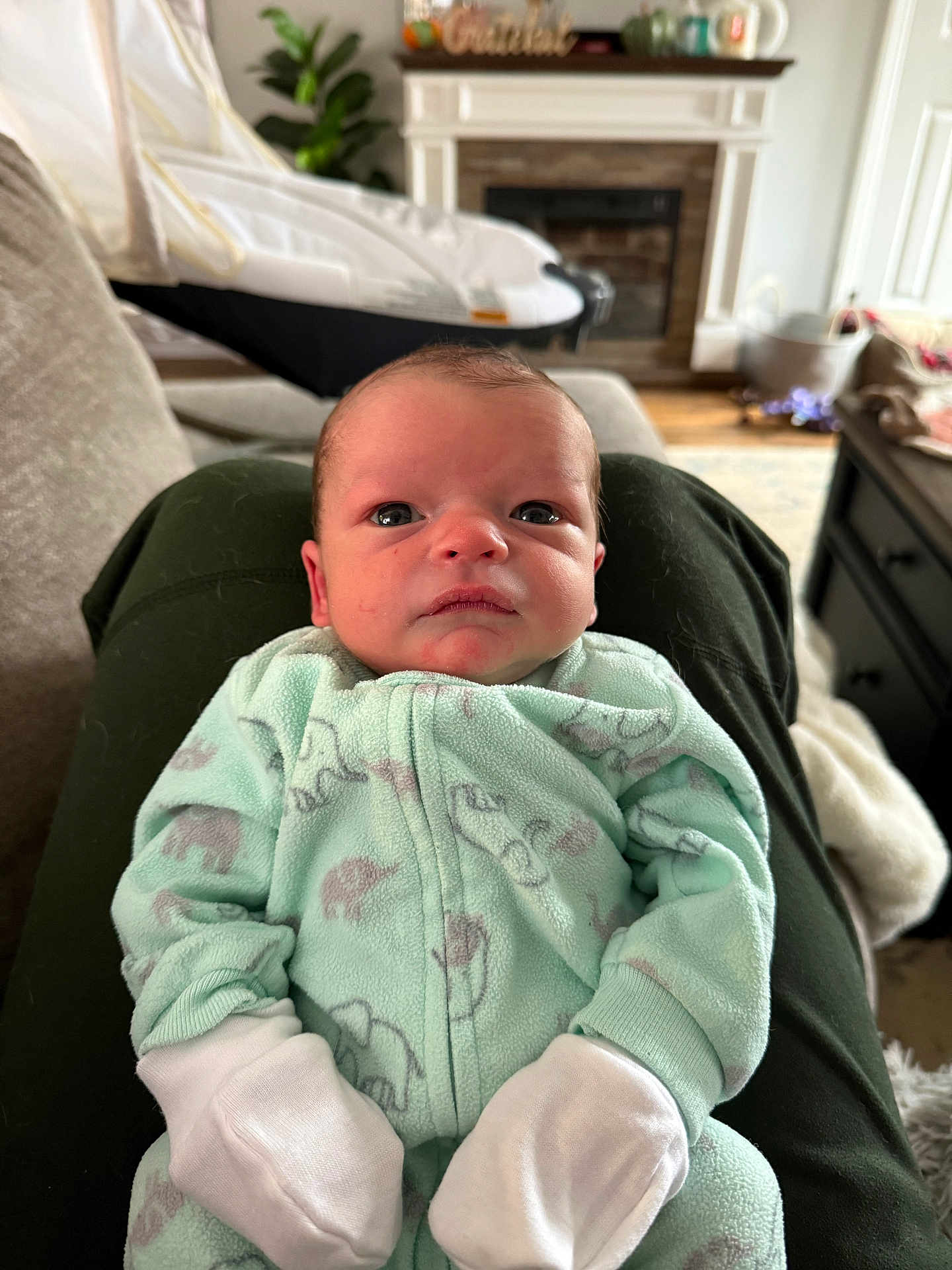 Spencer joined the competition — help win amazing prizes! baby, newborn, infant, onesie, mint_green, elephant_print, mittens, person, lap, living_room, couch, blanket, furniture, face, curious, indoors, soft_lighting, carpet, fireplace, plant