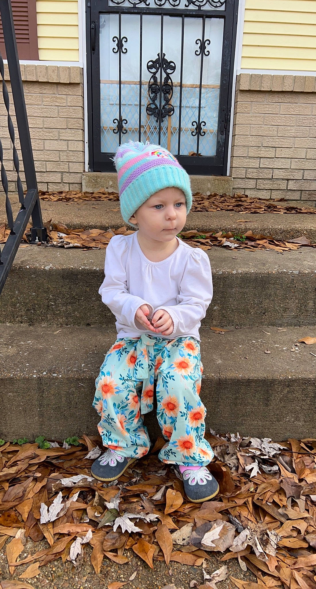 Alivia joined the competition — help win amazing prizes! autumn, baby, baby_toddler_clothing, child, fun, grass, headgear, headwear, pattern, people_in_nature, person, sitting, sleeve, soil, toddler, tree, winter, wood