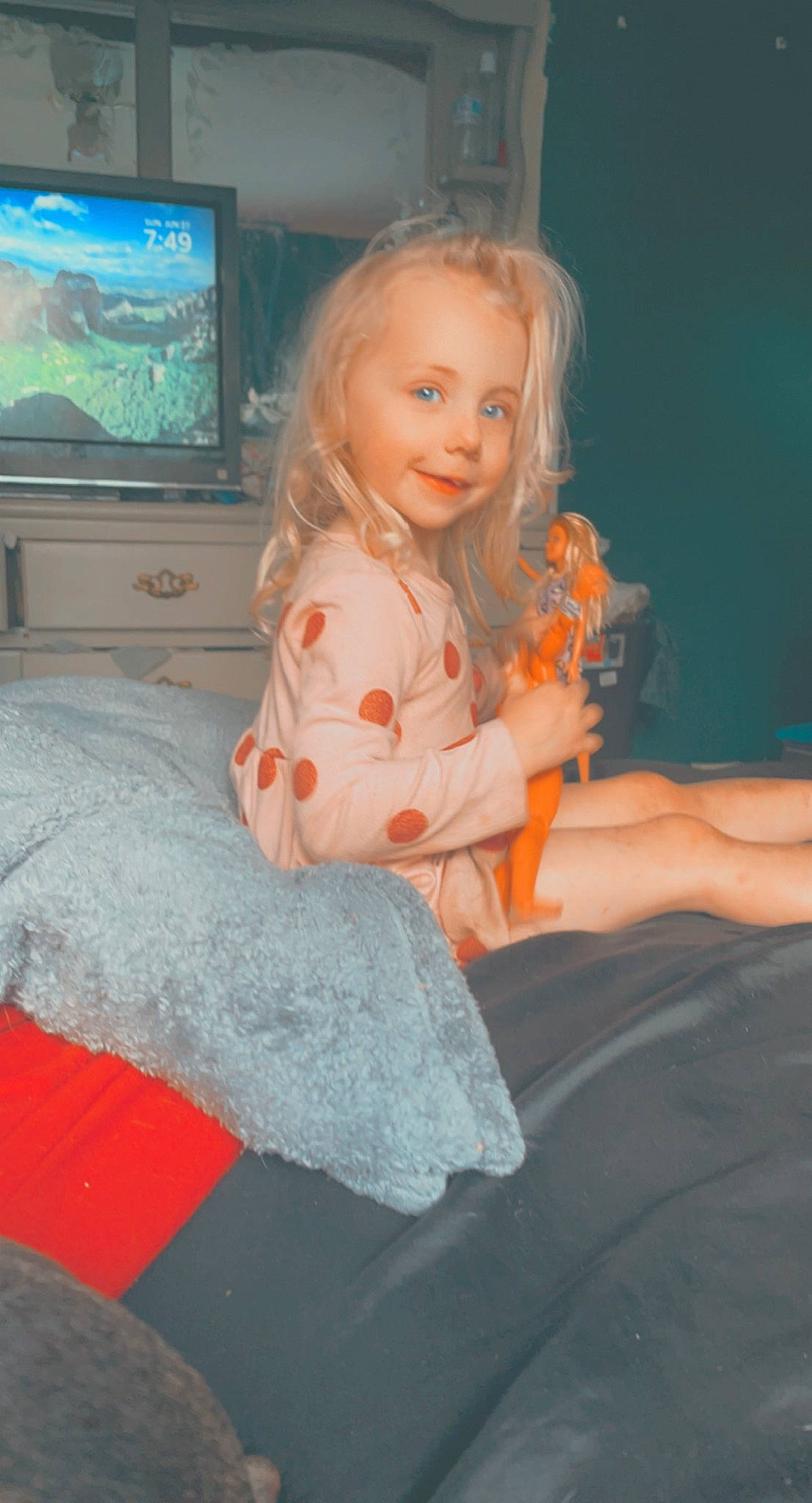 Emery joined the competition — help win amazing prizes! arm, beauty, blond, cable_television, child, comfort, eye, facial_expression, fun, hairstyle, human_leg, iris, organ, person, shoulder, smile, standing, television, television_set, thigh
