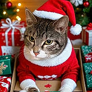 Skye joined the competition — help win amazing prizes! animal, cat, celebration, christmas, christmas_decorations, christmas_sweater, cozy, cute, festive, gift_box, holiday, holiday_lights, holiday_spirit, indoor, pet, presents, santa_hat, seasonal, tabby_cat, whiskers