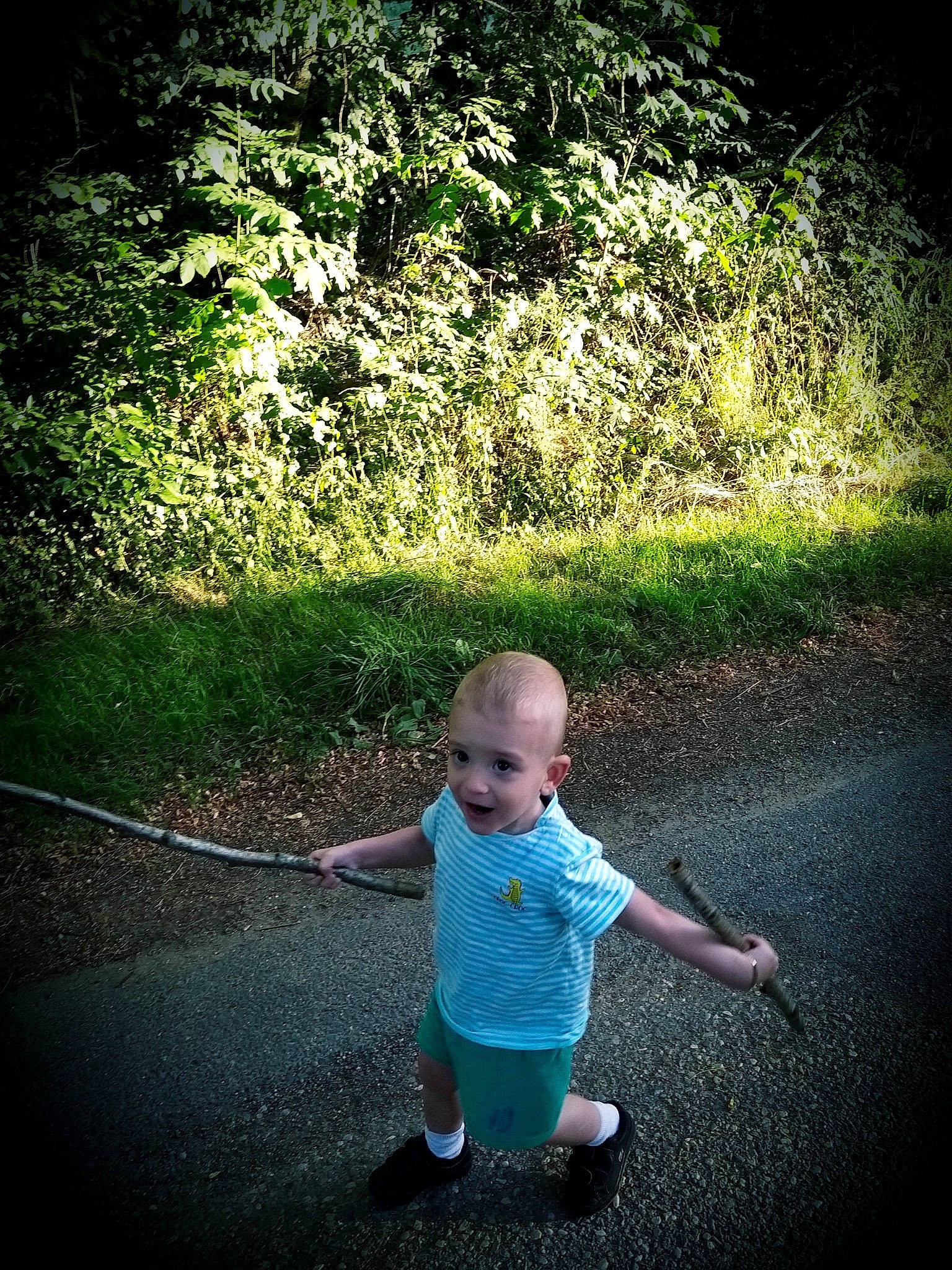 Nolan participe au concours pour gagner de l'argent avec cette photo : asphalt, child, forest, fun, grass, green, leaf, leisure, light, people_in_nature, person, photography, plant, recreation, standing, summer, sunlight, surprise, toddler, tree