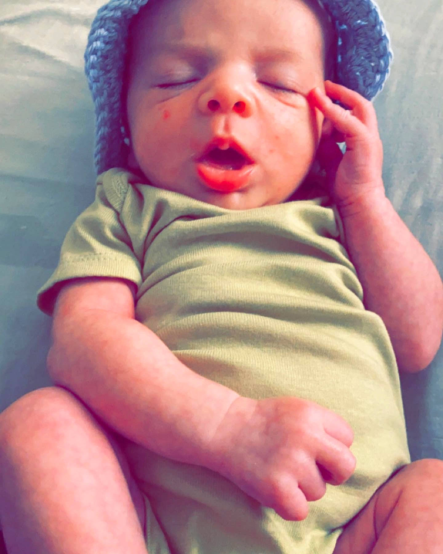 Paxton joined the competition — help win amazing prizes! baby, baby_sleeping, baby_toddler_clothing, blue, cheek, chin, comfort, cool, eyebrow, finger, gesture, green, happy, lip, mouth, nose, person, photograph, pink, skin