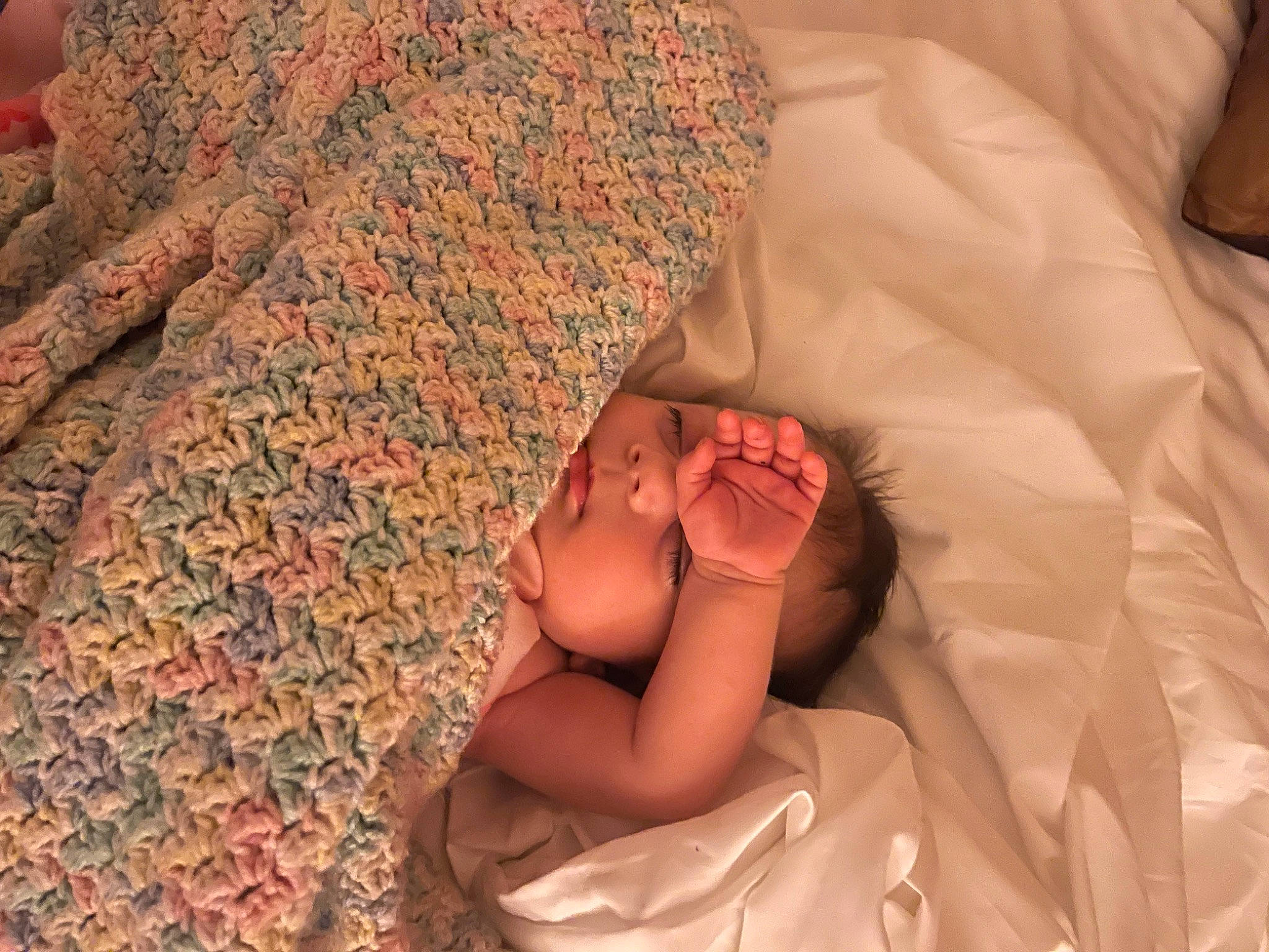 Athena is registered to the contest to win money with this photo: abdomen, baby, bed, bedding, bedtime, child, comfort, eye, foot, gesture, happy, human_body, human_leg, linens, nail, nap, person, room, thigh, trunk