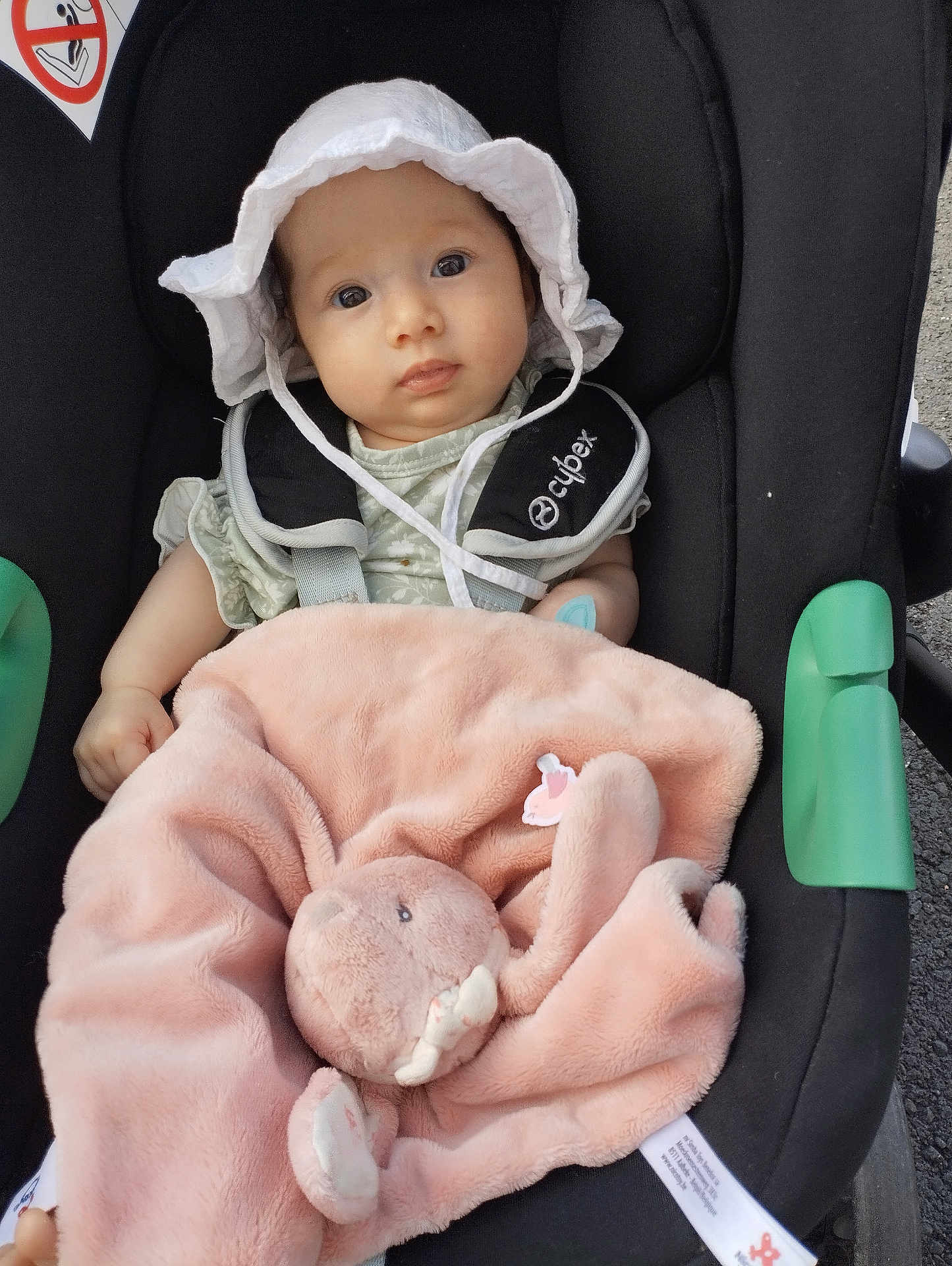 Mayna participe au concours pour gagner de l'argent avec cette photo : baby, infant, car_seat, hat, white_hat, blanket, plush_toy, bunny, pink_blanket, child, cute, seat_belt, safety_harness, outdoor, daylight, person, face, looking, baby_clothes, soft_toy