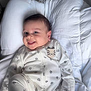 Eiden Machado joined the competition — help win amazing prizes! baby, smiling, face, onesie, paw_prints, tiger_patch, white_comforter, lying_down, infant, cute, happy, indoors, child, sleepwear, close_up, soft_lighting, portrait, small_hands, head, dark_hair