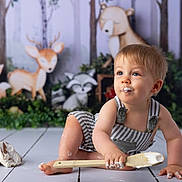 Enea participe au concours pour gagner de l'argent avec cette photo : baby, background, bear, blonde_hair, blue_eyes, cake, child, crawling, cute, deer, floor, forest_animals, fox, frosting, greenery, messy, playful, raccoon, striped_overalls, wooden_spoon