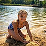 Elsa participe au concours pour gagner de l'argent avec cette photo : child, girl, swimsuit, beach, sand, lake, water, summer, playing, smile, portrait, outdoors, sunlight, wet_hair, kneeling, shore, nature, trees, bokeh, person