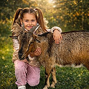 Elsa a rejoint le concours — aidez-le/la à gagner de superbes lots ! child, girl, goat, animal, outdoor, grass, sunlight, golden_hour, pigtails, smile, portrait, pet, hugging, nature, bokeh, jacket, pink_pants, sneakers, warm_light, meadow