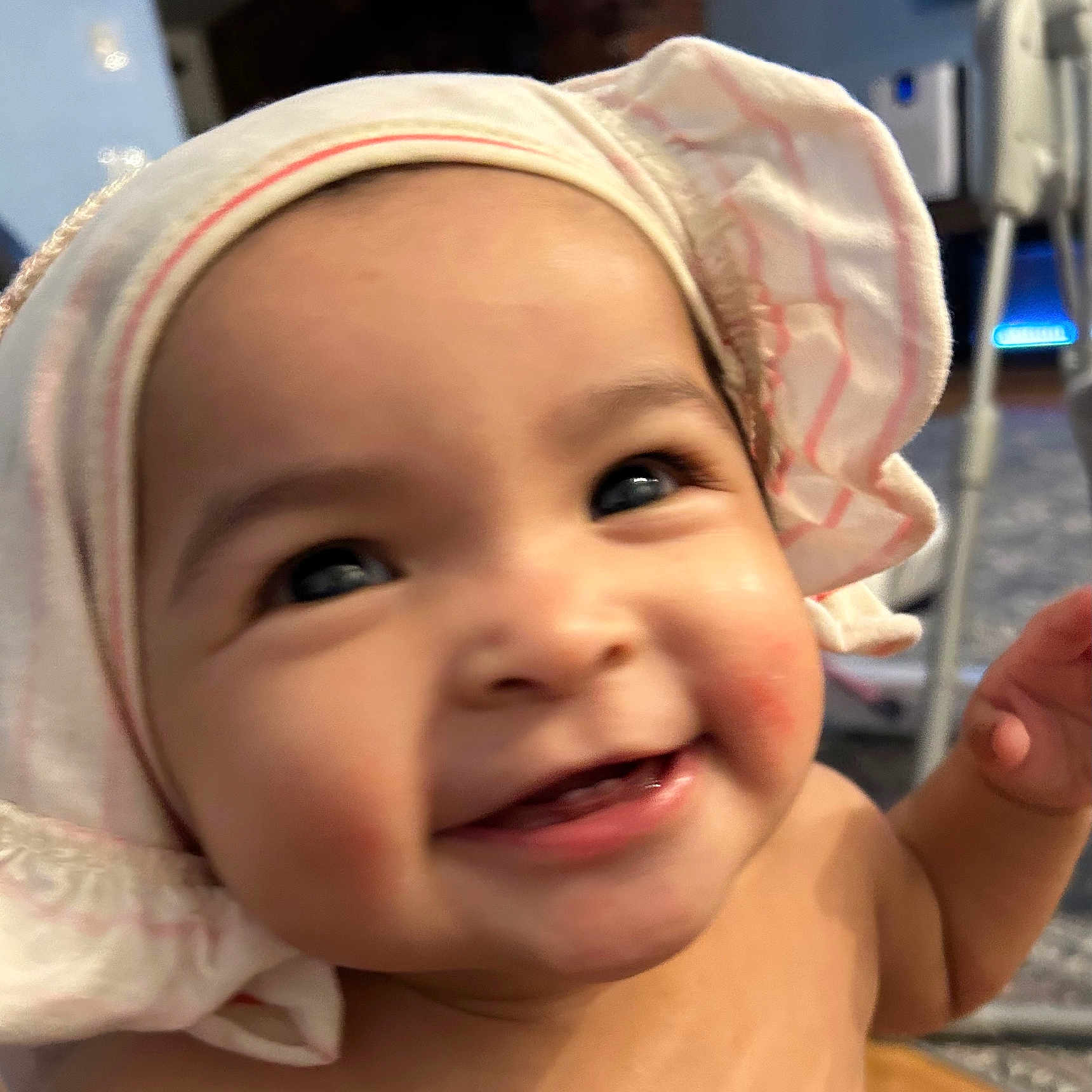 Jaylannie joined the competition — help win amazing prizes! baby, blurred_background, cheeks, child, close_up, clothing, cute, expression, face, happy, head, headwear, indoor, infant, person, portrait, skin, smiling, teeth, young