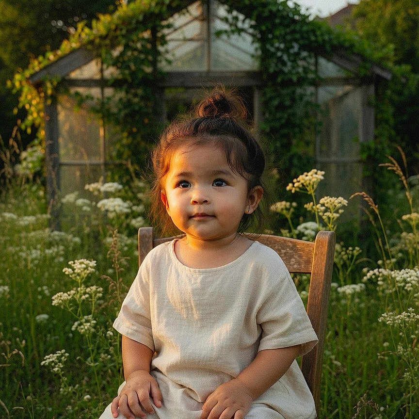 Jaylannie joined the competition — help win amazing prizes! toddler, child, sitting, wooden_chair, wildflowers, garden, greenery, sunlight, outdoor, nature, topknot, white_dress, portrait, peaceful, young_child, plants, grass, flowers, daylight, cute