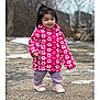 Jaylannie joined the competition — help win amazing prizes! child, toddler, pink_jacket, floral_pattern, winter_coat, smile, outdoor, sneakers, pants, standing, portrait, cute, pavement, cold_weather, trees, buildings, candid, hooded_jacket, playful, black_hair