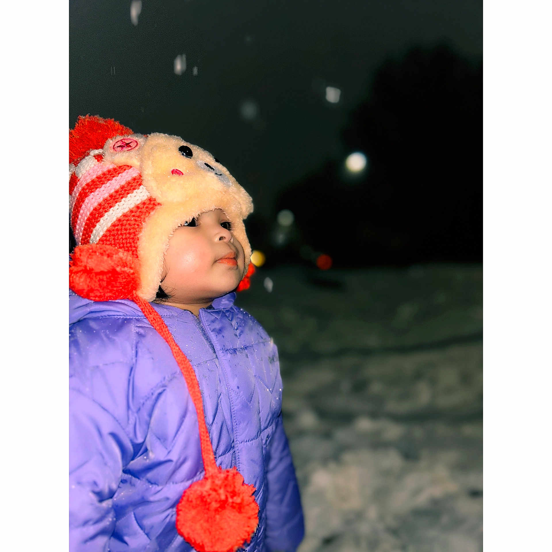 Jaylannie is registered to the contest to win money with this photo: child, child_outdoors, cold_weather, cute, face, frosty, glowing_face, hat, night, outdoor, portrait, puffy_jacket, purple_jacket, snow, snowflakes, warm_clothing, winter_clothing, winter_hat, winter_night, young_child