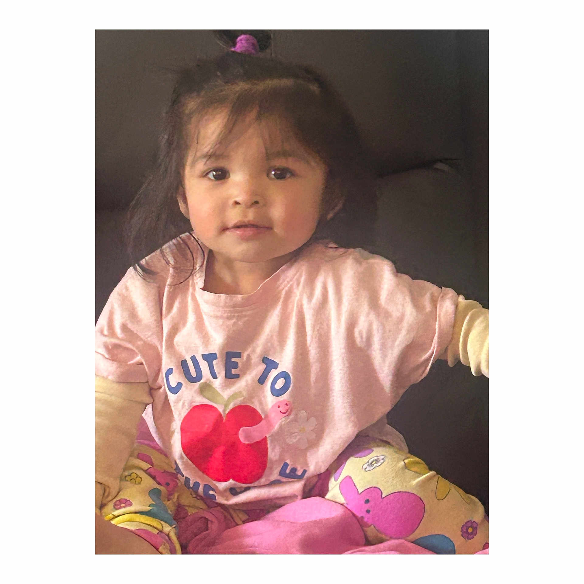 Jaylannie is registered to the contest to win money with this photo: child, toddler, pink_shirt, apple_graphic, colorful_pants, pony_tail, sitting, indoor, cute, person, smiling, face, young_child, casual_clothing, patterned_pants, bright_colors, happy, portrait, playful, cozy