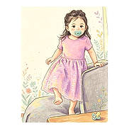 Jaylannie is registered to the contest to win money with this photo: brown_hair, cartoon, child, climbing, couch, cute, floral, flowers, girl, illustration, living_room, pacifier, pastel_colors, pink_dress, smiling, sofa, standing, table, toddler, wallpaper
