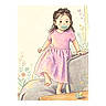 brown_hair, cartoon, child, climbing, couch, cute, floral, flowers, girl, illustration, living_room, pacifier, pastel_colors, pink_dress, smiling, sofa, standing, table, toddler, wallpaper