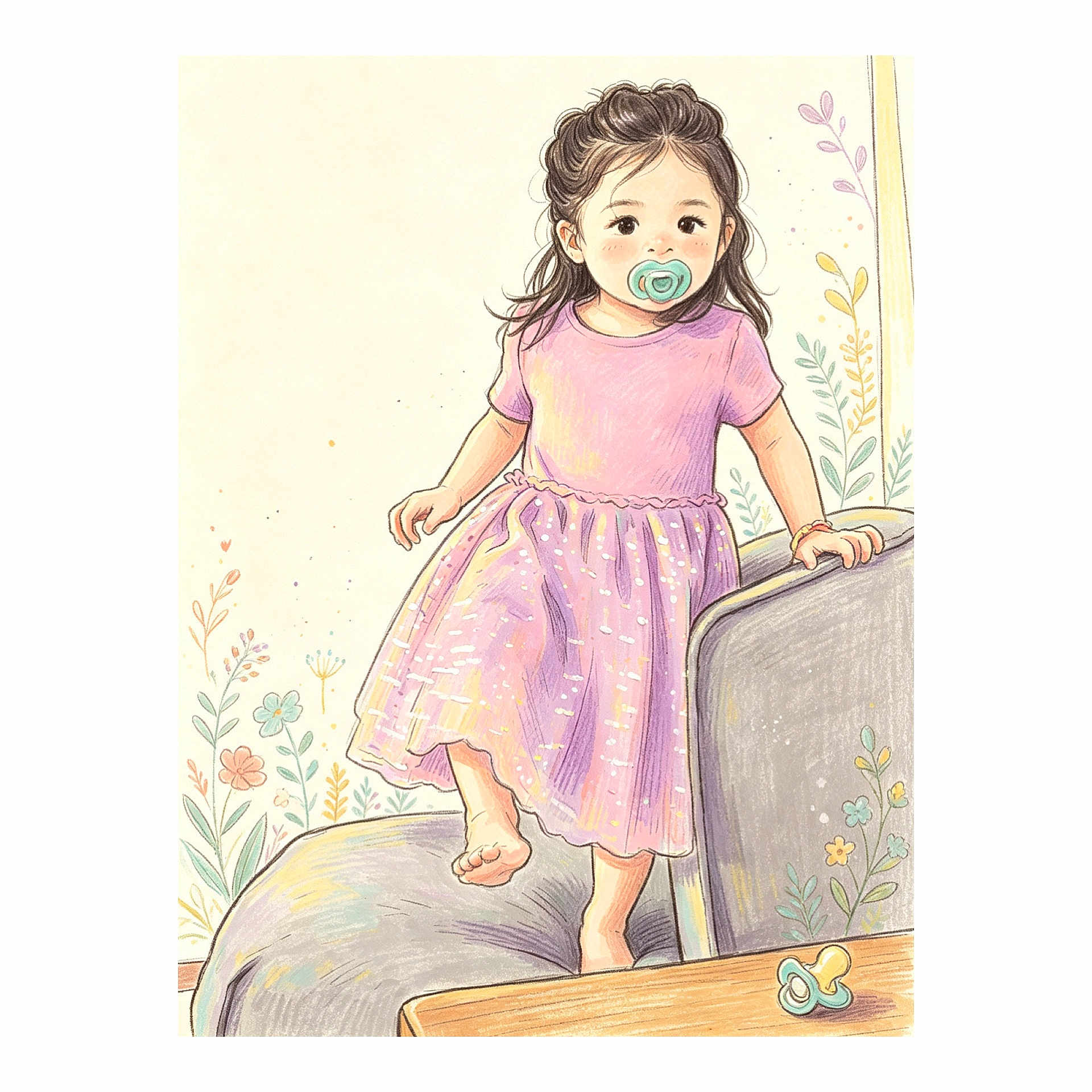 Jaylannie is registered to the contest to win money with this photo: brown_hair, cartoon, child, climbing, couch, cute, floral, flowers, girl, illustration, living_room, pacifier, pastel_colors, pink_dress, smiling, sofa, standing, table, toddler, wallpaper