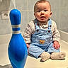 Ezio participe au concours pour gagner de l'argent avec cette photo : baby, blue_overalls, bowling_pin, child, cute, expression, eyes, face, floor, hands, head, indoor, infant, plaid_shirt, portrait, sitting, skin, soft_lighting, toy, white_socks