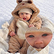 Ezio a rejoint le concours — aidez-le/la à gagner de superbes lots ! baby, bear_costume, blanket, child, closeup, costume, cozy, cute, face, funny, fuzzy, happy, hat, infant, outdoor, portrait, smile, snow, warm_clothing, winter