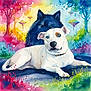 dog, wolf, watercolor, illustration, painting, colorful, fantasy, nature, trees, grass, portrait, canine, pet, reclining, white_dog, vibrant_colors, surreal, background, animal, closeup