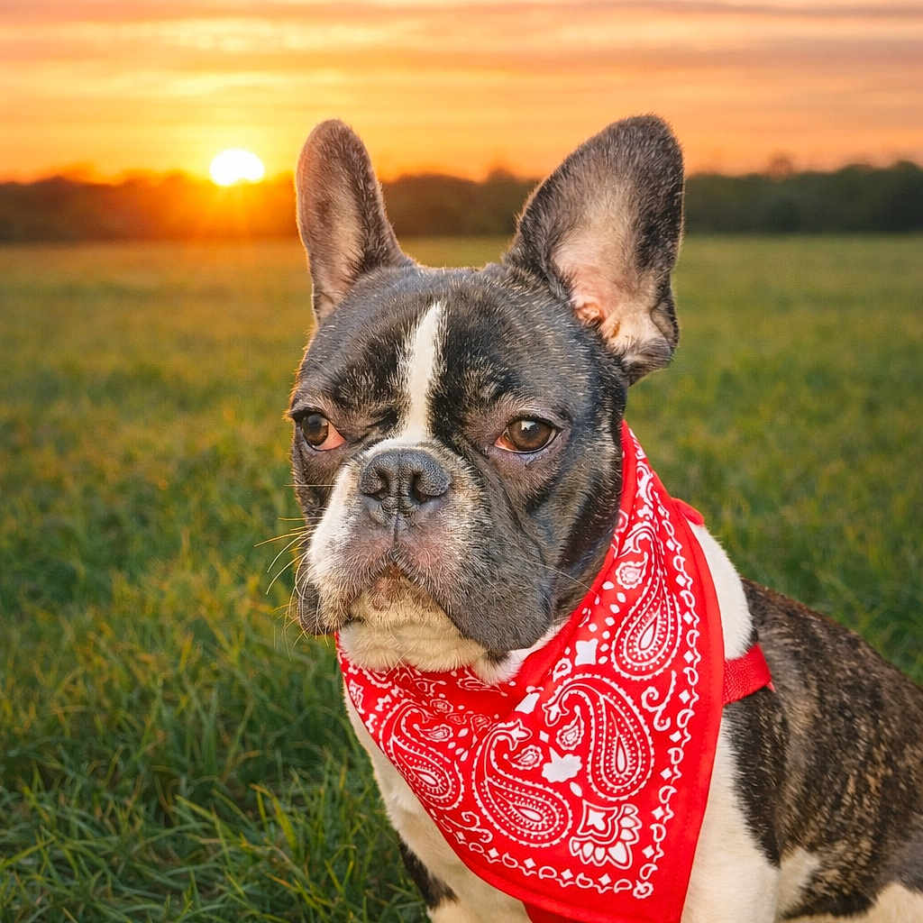 Aguzz a rejoint le concours — aidez-le/la à gagner de superbes lots ! dog, french_bulldog, bandana, red_bandana, grass, field, sunset, outdoor, pet, cute, animal, portrait, nature, canine, fur, ears, face, expression, sun, sky