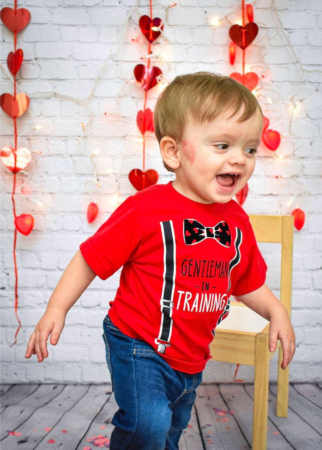 Harrison joined the competition — help win amazing prizes! child, happy, jeans, person, play, red, sleeve, standing, t_shirt, toddler