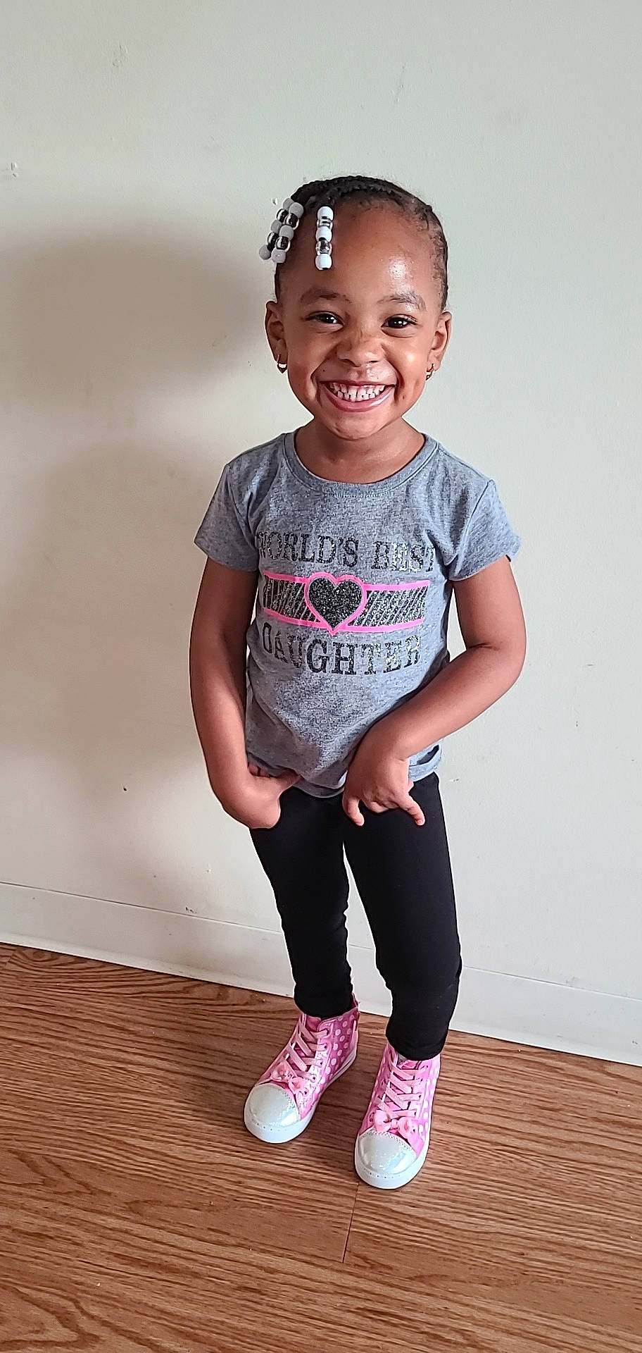 Janae is registered to the contest to win money with this photo: baby, baby_toddler_clothing, child, child_model, clothing, footwear, happy, joy, leggings, person, photo_shoot, photography, pink, product, shoe, skin, sleeve, smile, standing, t_shirt
