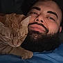 Boo Boo joined the competition — help win amazing prizes! cat, orange_tabby, sleeping_cat, man, beard, blue_shirt, closeup, face, pet, indoor, dark_background, resting, cozy, affection, companion, animal, human, portrait, friendship, relaxation