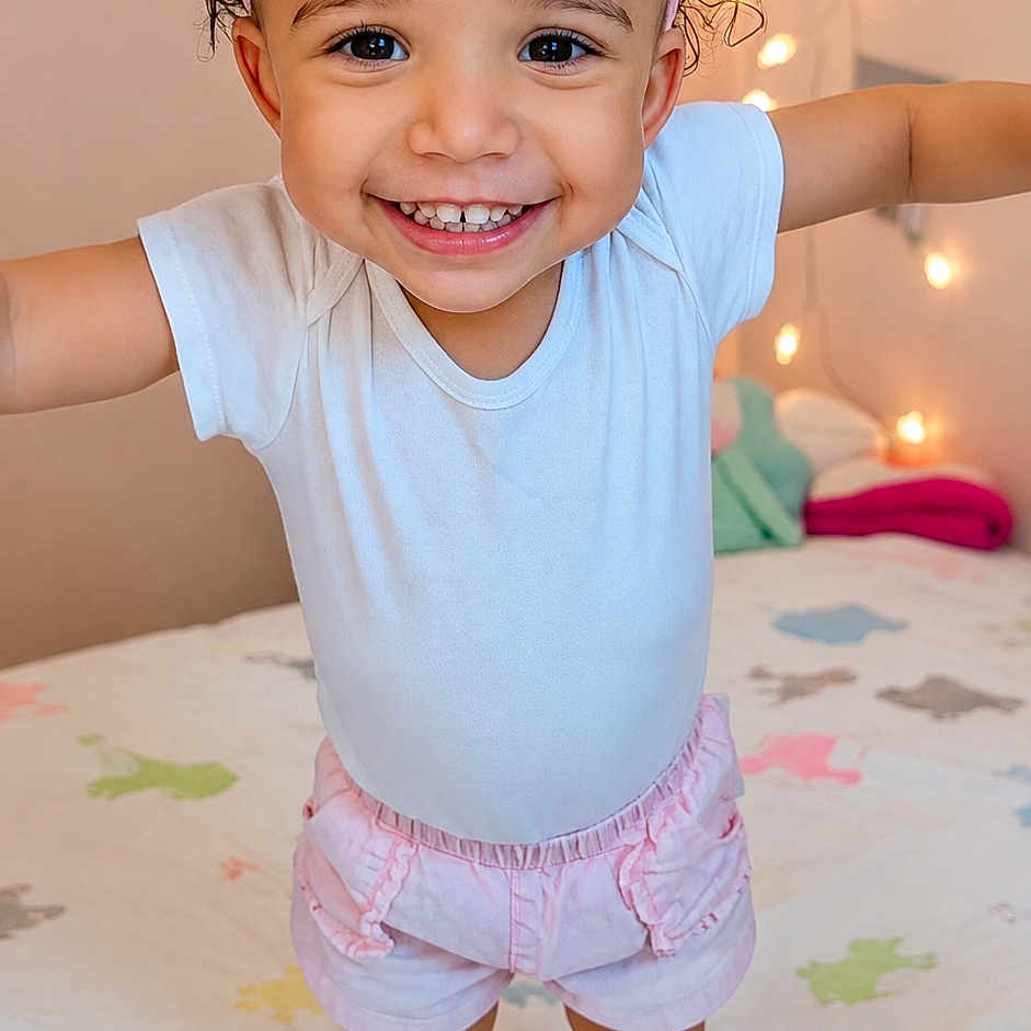 Aryia is registered to the contest to win money with this photo: toddler, child, smiling, pink_bow, curly_hair, white_shirt, pink_shorts, barefoot, bed, bedspread, animal_print, string_lights, indoor, happy, cute, portrait, playful, young_child, person, home