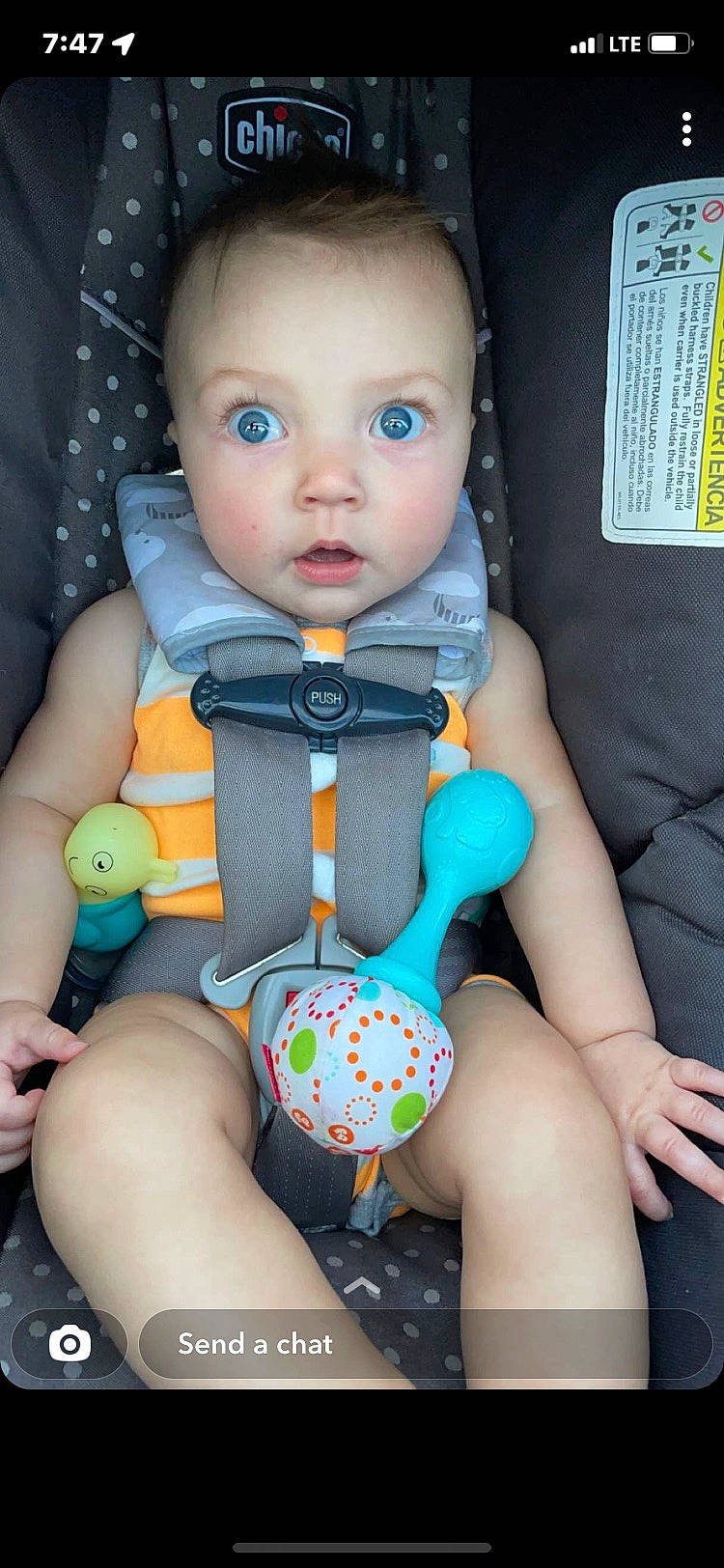 Easton joined the competition — help win amazing prizes! baby, baby_products, baby_safety, baby_toddler_clothing, blue, cheek, chest, child, comfort, electric_blue, finger, fun, human_body, human_leg, nail, person, sitting, skin, surprise, thigh