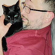 Ardoise participe au concours pour gagner de l'argent avec cette photo : affection, animal, beard, black_cat, casual, charger, couch, cozy, glasses, home, indoor, man, pet, portrait, power_outlet, red_shirt, relaxed, short_hair, snuggling, technology