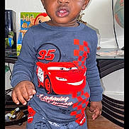 Jream joined the competition — help win amazing prizes! toddler, child, indoor, clothing, lightning_mcqueen, blue_outfit, standing, barefoot, toy, table, globe, curly_hair, face, person, floor, car_print, pants, shirt, expression, home