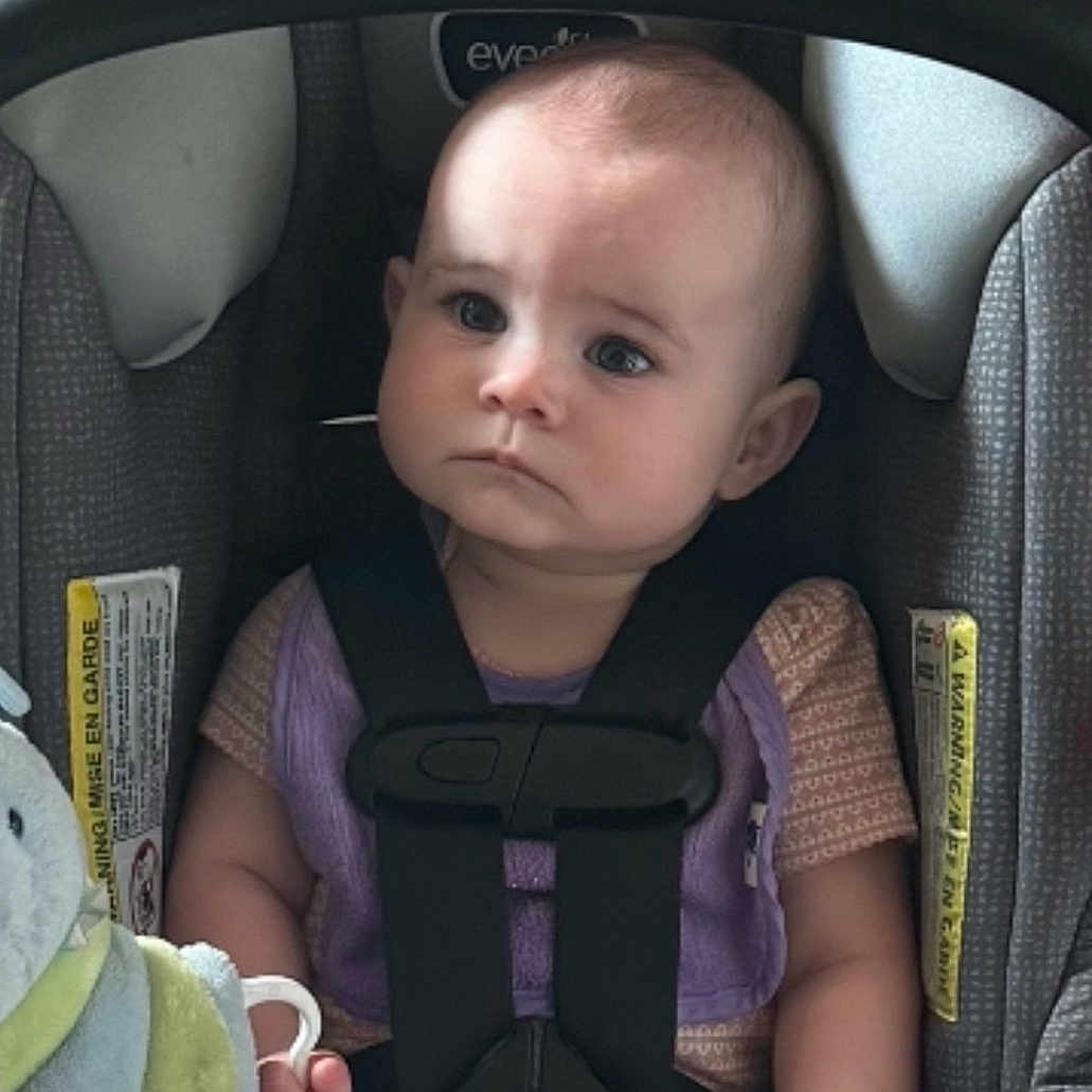 Nova is registered to the contest to win money with this photo: baby, car_seat, child, closeup, clothing, cute, face, head, indoor, infant, person, purple, safety_harness, seat, seat_belt, serious_expression, sitting, stuffed_animal, toy, young