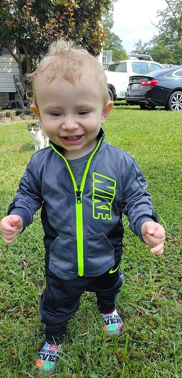 Huey joined the competition — help win amazing prizes! baby, baby_toddler_clothing, car, child, fun, garden, grass, happy, joy, lawn, people_in_nature, person, plant, recreation, sleeve, smile, t_shirt, tire, toddler, tree