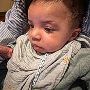 Jhalian a rejoint le concours — aidez-le/la à gagner de superbes lots ! adult_arm, baby, bib_chain, blanket, cheeks, child, closeup, clothing, curly_hair, eyelashes, eyes, face, indoor, infant, lap, looking_down, portrait, scarf, skin, striped_shirt