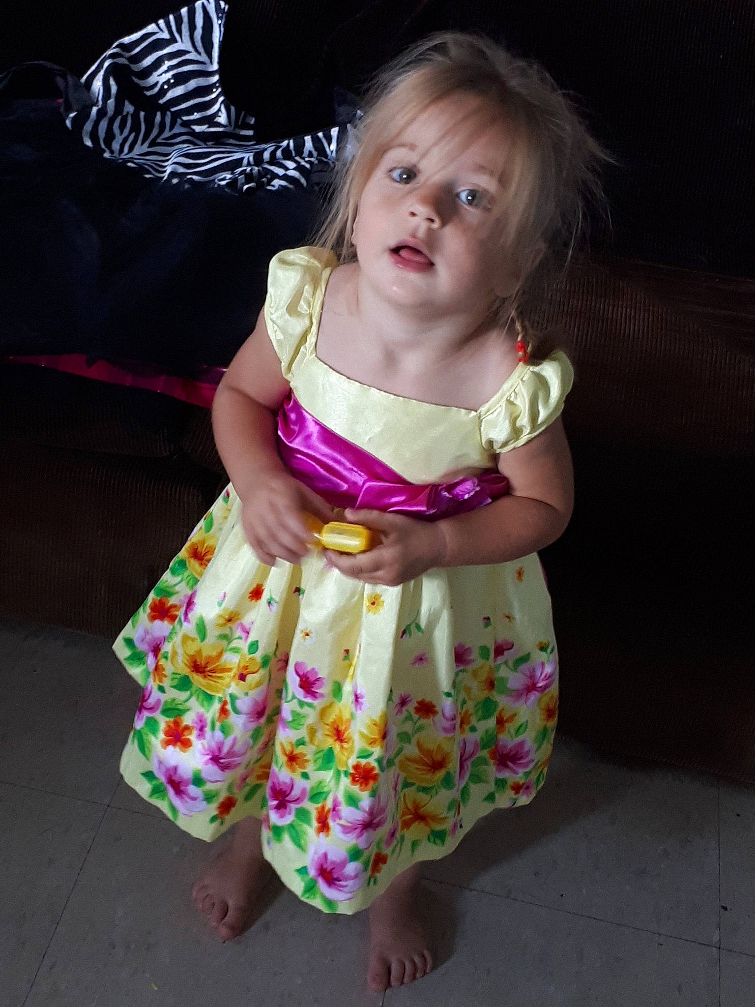 Jasmine participe au concours pour gagner de l'argent avec cette photo : baby, child, dress, fun, pattern, person, pink, smile, toddler