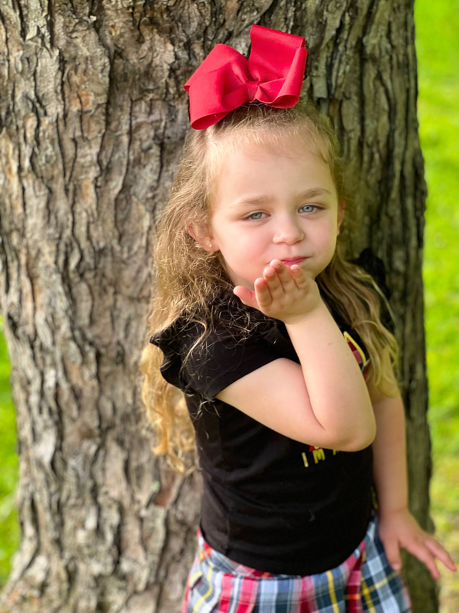 Louann is registered to the contest to win money with this photo: eye, face, flash_photography, grass, green, hair, happy, head, leaf, lip, people_in_nature, person, photograph, plaid, red, smile, tartan, toddler, trunk, wood