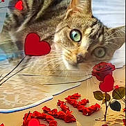 Milla a rejoint le concours — aidez-le/la à gagner de superbes lots ! cat, tabby, green_eyes, heart_graphics, rose, rose_petals, love, beach, sand, relaxed, closeup, pet, indoor, outdoor, romantic, overlay, whimsical, cozy, cute, feline