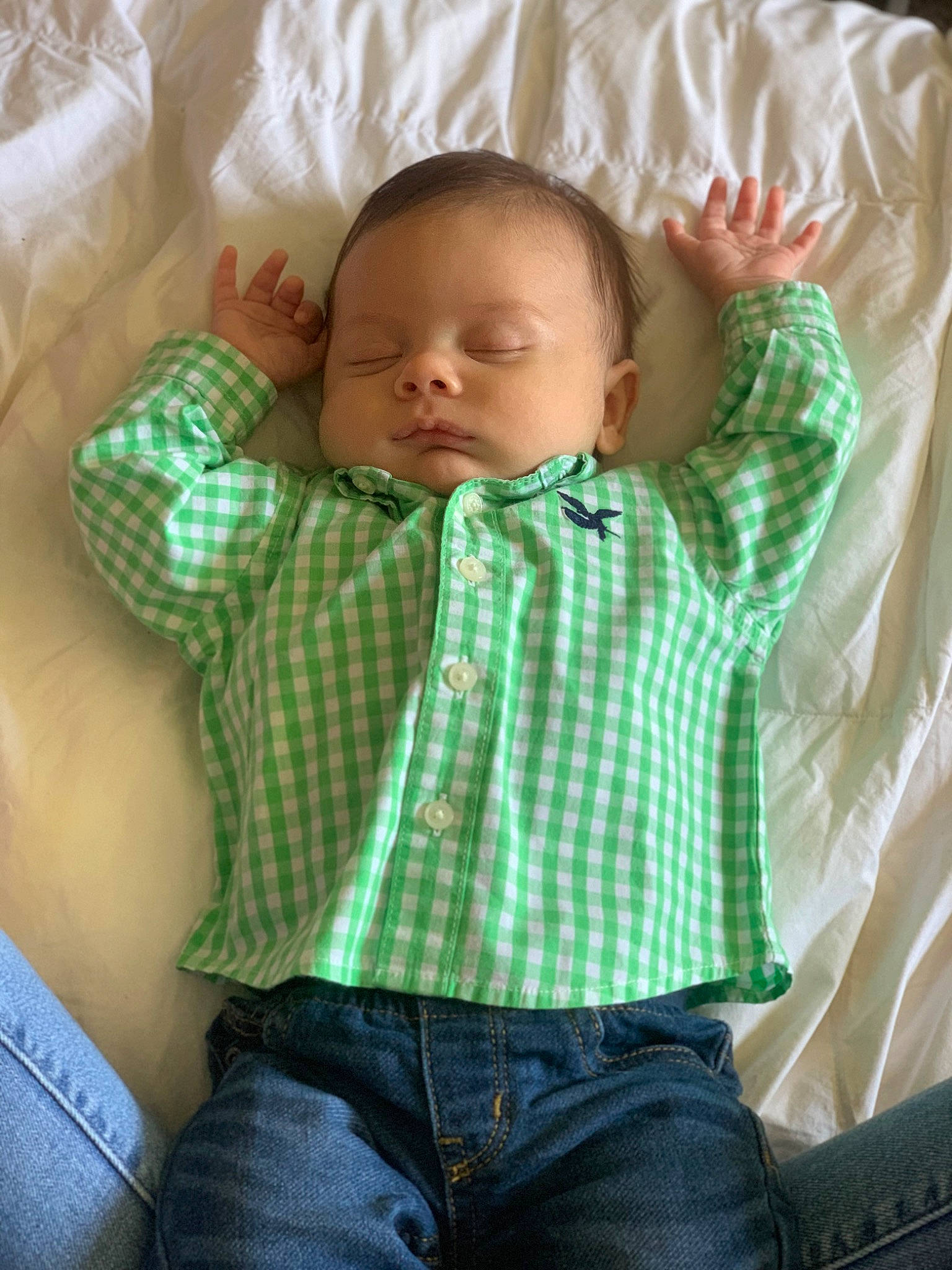 Kai joined the competition — help win amazing prizes! baby, baby_toddler_clothing, cheek, clothing, comfort, couch, face, finger, green, head, jeans, mouth, nose, orange, organ, person, skin, sleeve, textile, trousers