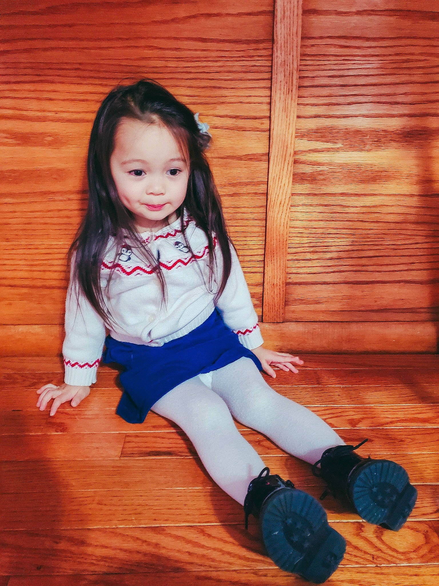 Aurora Christina joined the competition — help win amazing prizes! baby_toddler_clothing, brown_hair, electric_blue, flash_photography, flooring, fun, happy, hardwood, human_leg, knee, leg, person, shoe, skin, smile, sneakers, sock, thigh, toddler, wood