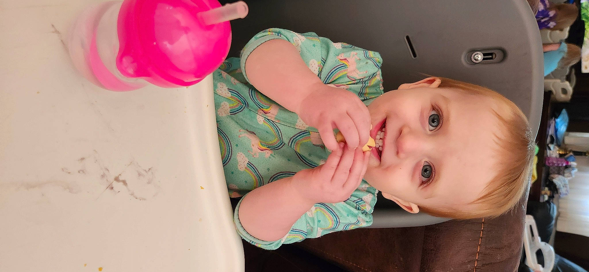 Clarissa is registered to the contest to win money with this photo: arm, baby, baby_toddler_clothing, cheek, clothing, ear, eyelash, finger, gesture, hand, happy, joy, lip, mouth, neck, nose, person, pink, skin, sleeve