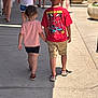 child, children, holding_hands, sidewalk, outdoor, sunlight, shadow, casual_clothing, spiderman_shirt, shorts, shoes, walking, back_view, summer, people, urban, daytime, friends, friendship, siblings