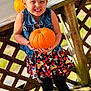 Palmer joined the competition — help win amazing prizes! autumn, cheerful, child, cute, denim_vest, fall, girl, holding, holiday, leggings, nature, outdoor, playful, portrait, pumpkin, seasonal, skirt, smile, sunlight, wooden_deck