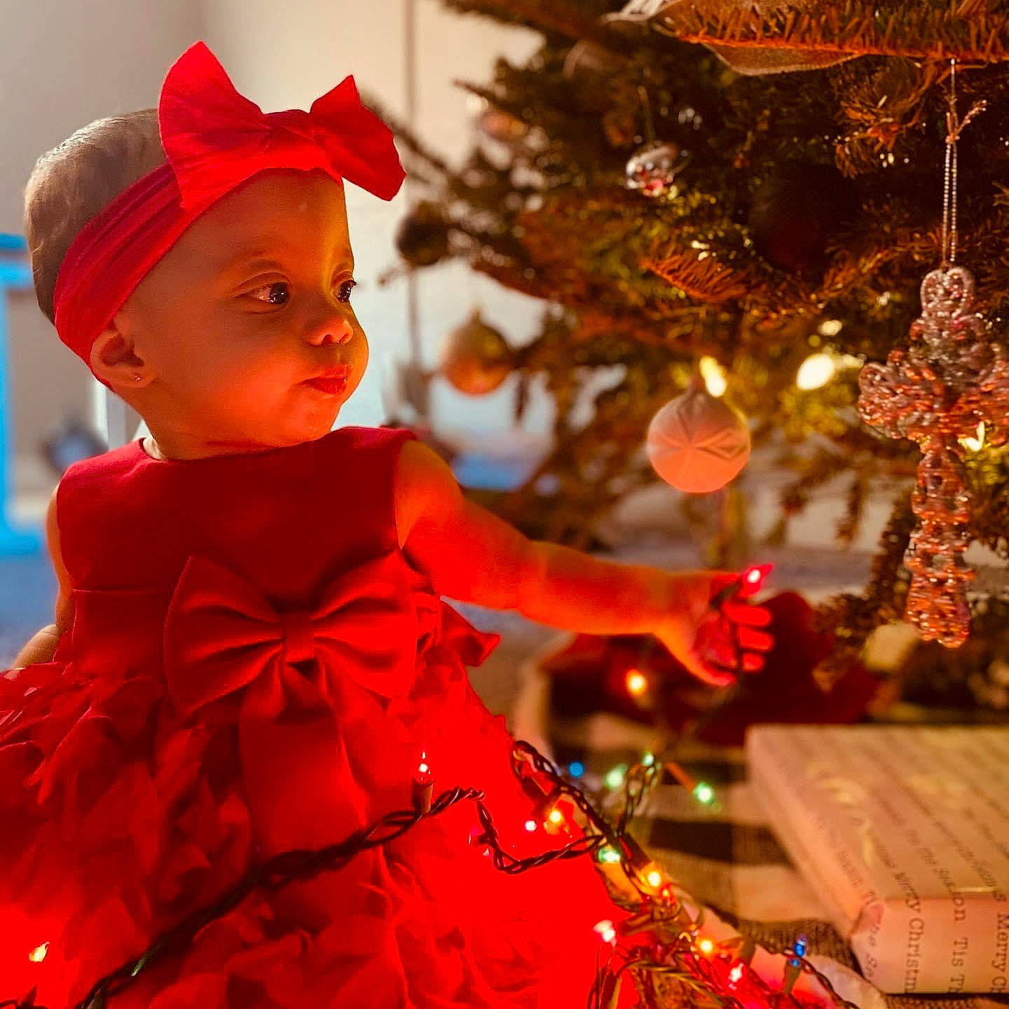 Kailani joined the competition — help win amazing prizes! beauty, child, christmas, christmas_decoration, christmas_ornament, christmas_tree, doll, dress, event, fun, happy, headwear, holiday, holiday_ornament, light, ornament, people_in_nature, person, plant, red