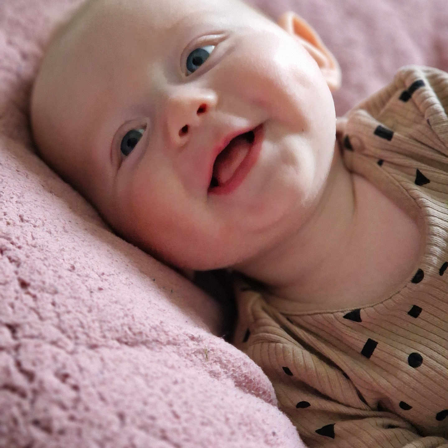 Lucifer is registered to the contest to win money with this photo: baby, babylaughing, blanket, bodypart, clothing, face, finger, hand, happy, head, knitwear, laughing, mouth, newborn, person, photography, portrait, quilt, smile, sweater