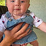 baby, child, infant, denim, overalls, hand, person, outdoor, blue_eyes, red_hair, cute, clothing, white_shirt, patterned_shirt, skin, face, legs, barefoot, holding, portrait